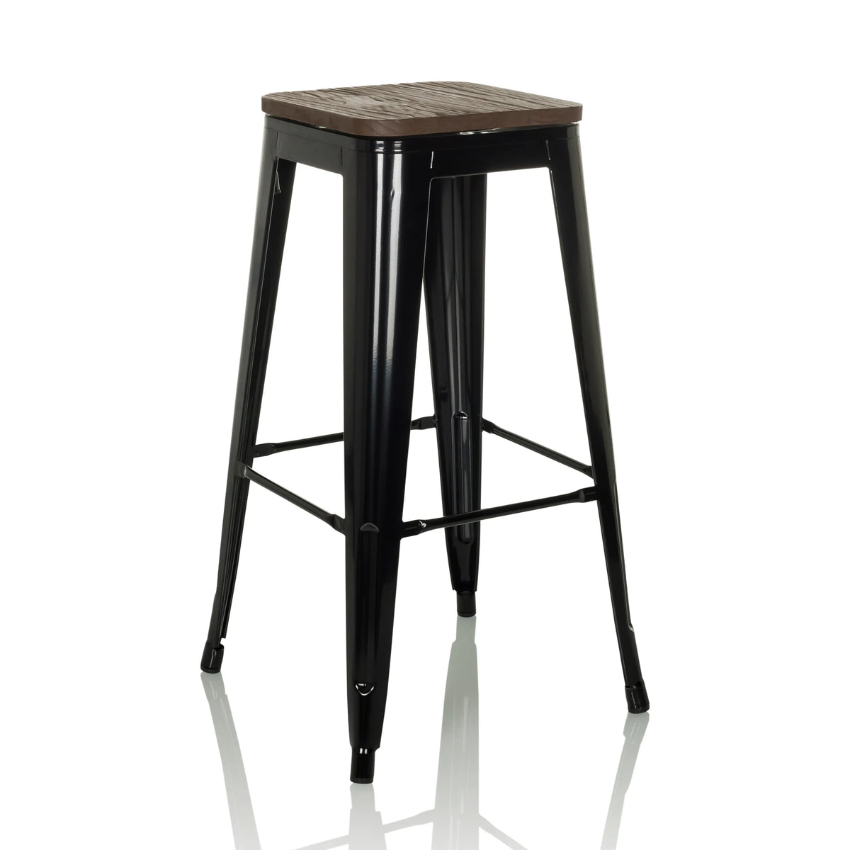 Black Bar stool VANTAGGIO HIGH WS with a wood-look seat and footrests by hjh OFFICE – 360-degree view (front three-quarter view 30°)