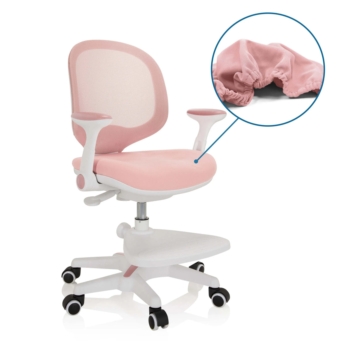 Pink seat cushion of the children's chair KID ERGO with a detailed view of the cover by hjh OFFICE