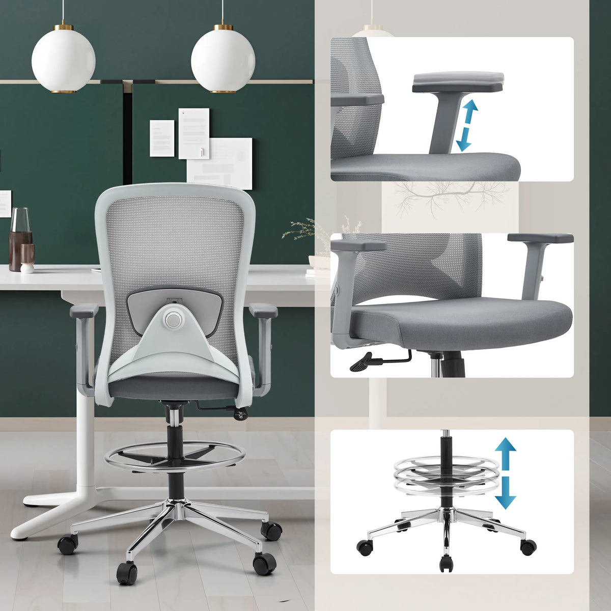 Grey Counter chair Top Work 44 W with height-adjustable armrests and footring by hjh OFFICE