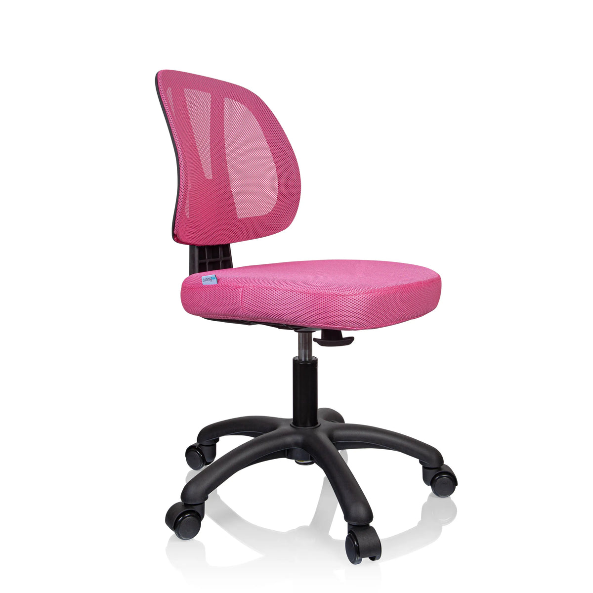 Pink Swivel Chair – Children KID YU 200 with mesh back and black five-caster base by hjh OFFICE – 360-degree view (front three-quarter view 60°)