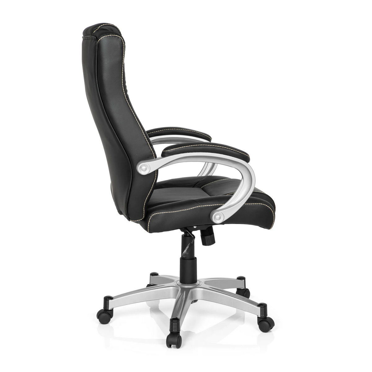 Black Gaming chair RELAX CL180 with padding and five-caster base by MyBuero – 360-degree view (side profile 100°)