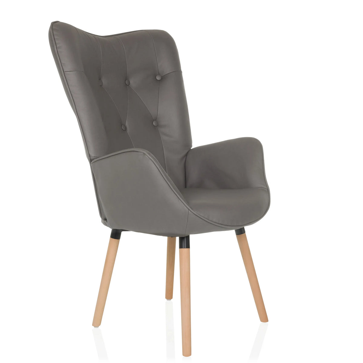 Grey Upholstered armchair HAVENIO I with button tufting, armrests and four wooden legs by hjh LIVING – 360-degree view (front three-quarter view 45°)