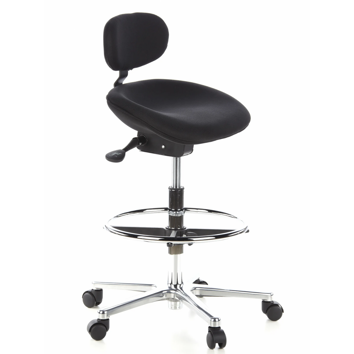 Black Counter chair WORK MF with footring and five-caster base by hjh OFFICE – 360-degree view (front three-quarter view 60°)