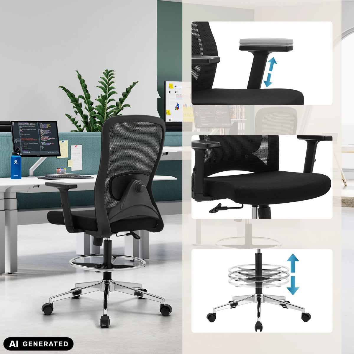 Height-adjustable armrests and seat height of the Top Work 44 work chair by hjh OFFICE (AI-generated image)