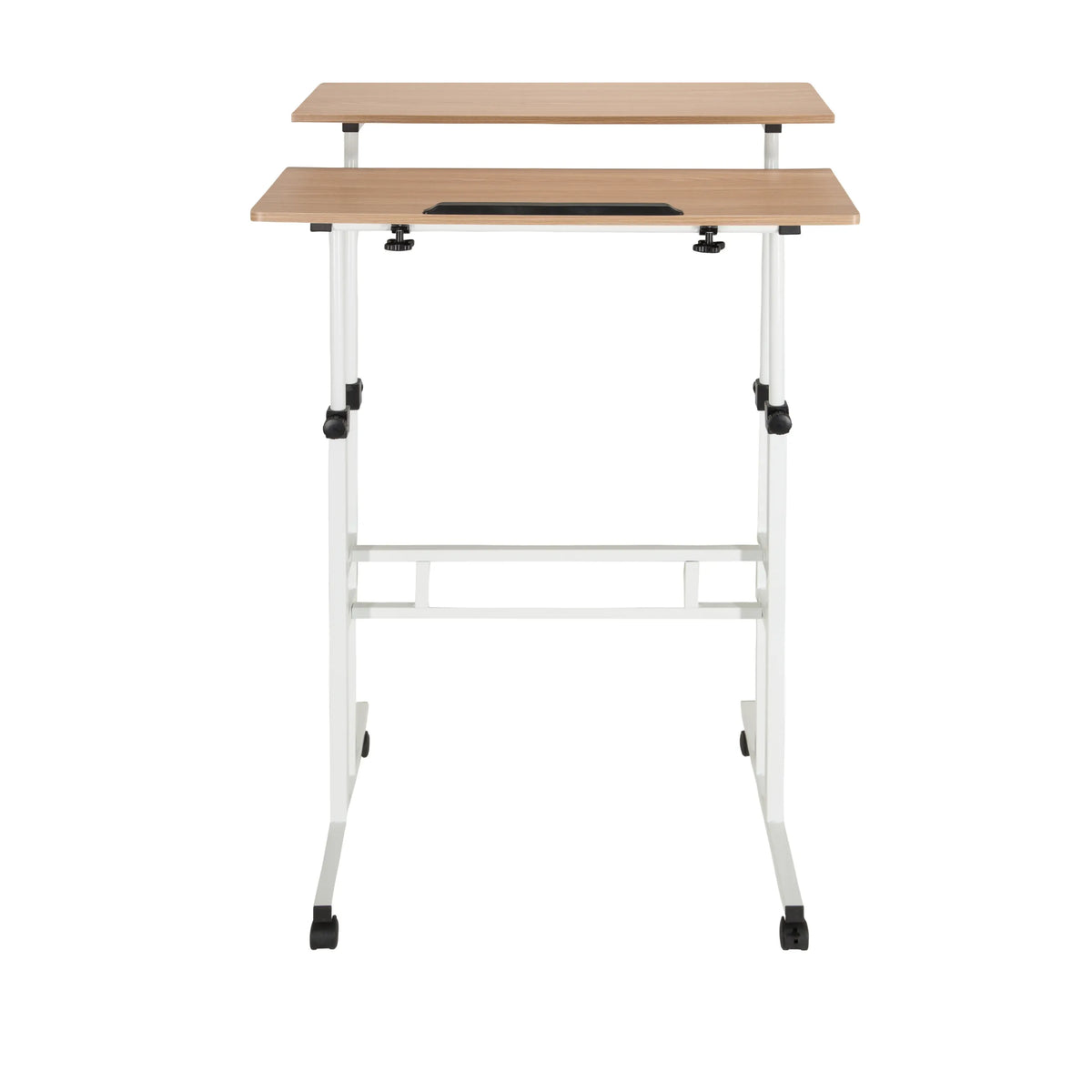 White Standing desk WORKSTATION I with oak tabletop and castors by hjh OFFICE – 360-degree view (front view 0°)