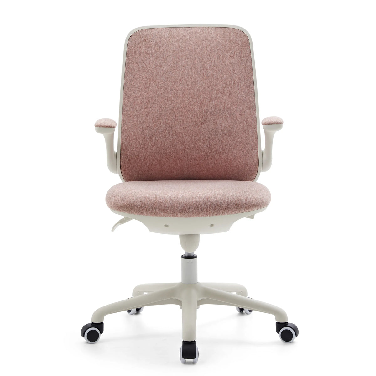 Pink Swivel Chair – Children Swivelo with armrests and white five-caster base by hjh OFFICE – 360-degree view (front view 0°)