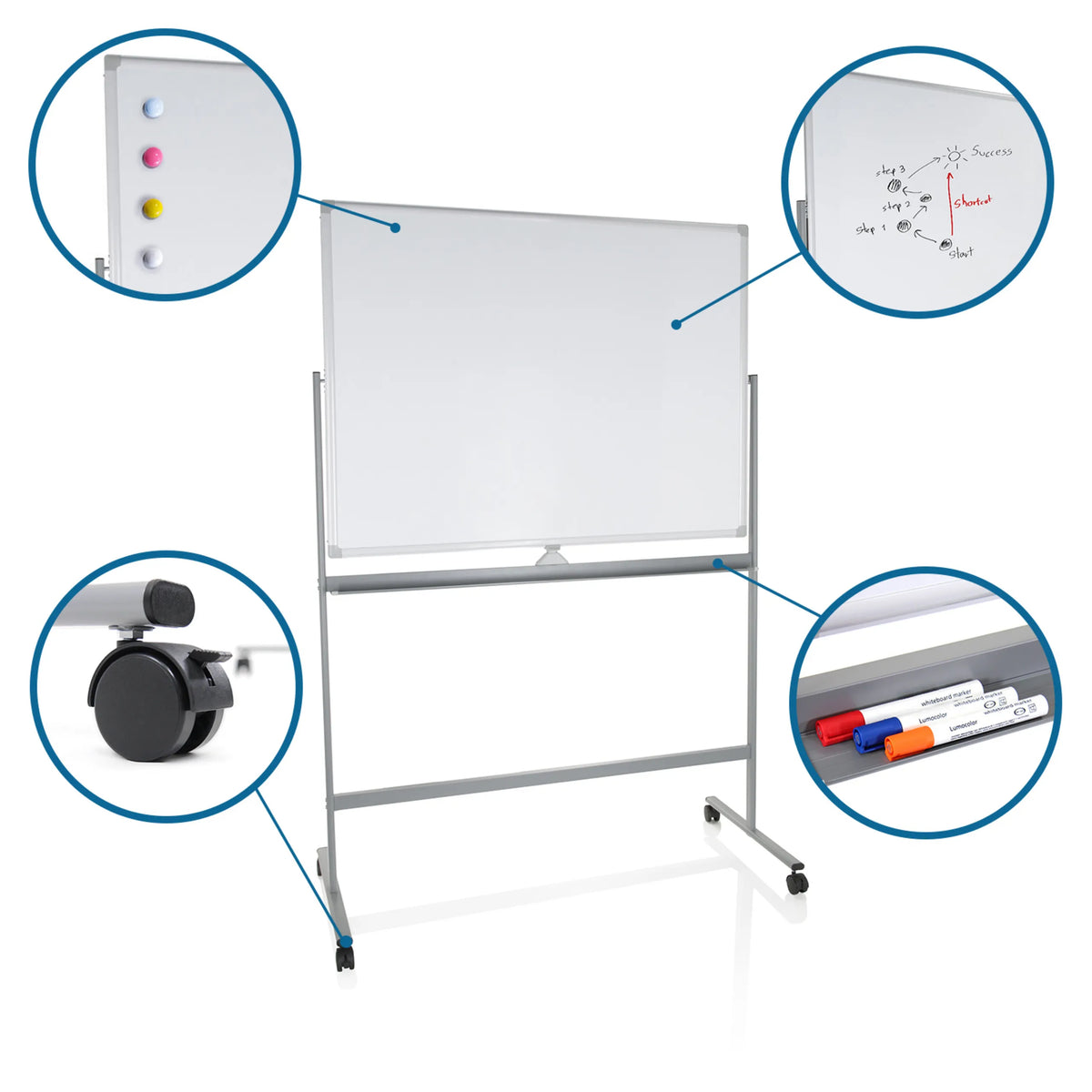 Whiteboard MULTIBOARD I in white-silver with castors, magnetic markers and tray by hjh OFFICE