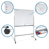 Whiteboard MULTIBOARD I in white-silver with castors, magnetic markers and tray by hjh OFFICE