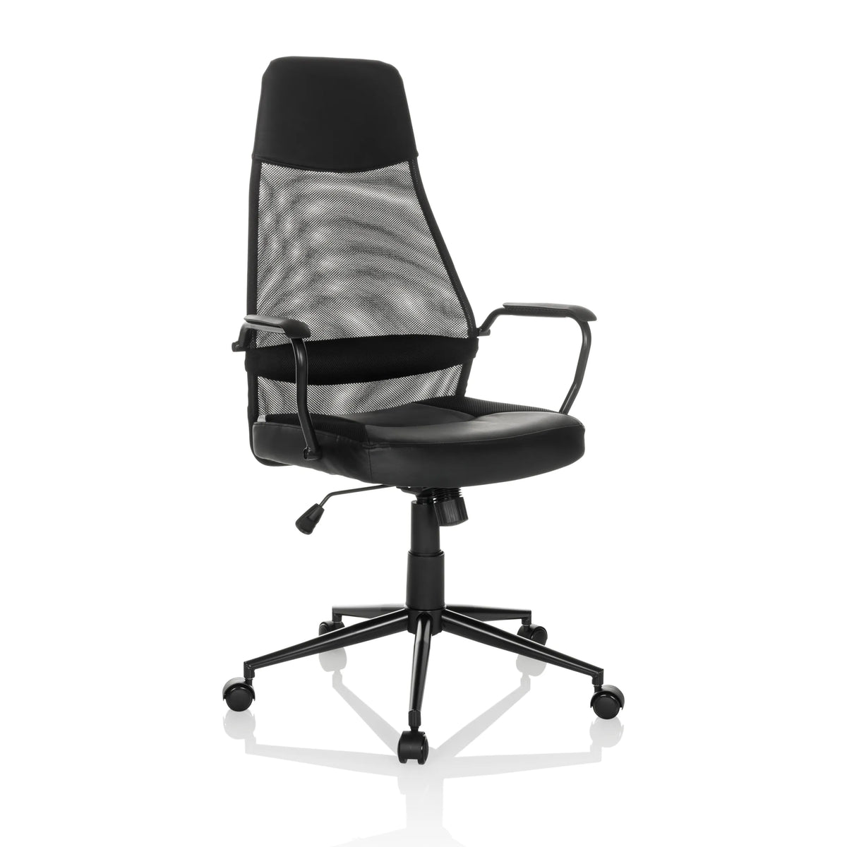 Black Home Office Executive Chair MARCOZ with mesh back and five-caster base by MyBuero – 360-degree view (front three-quarter view 30°)