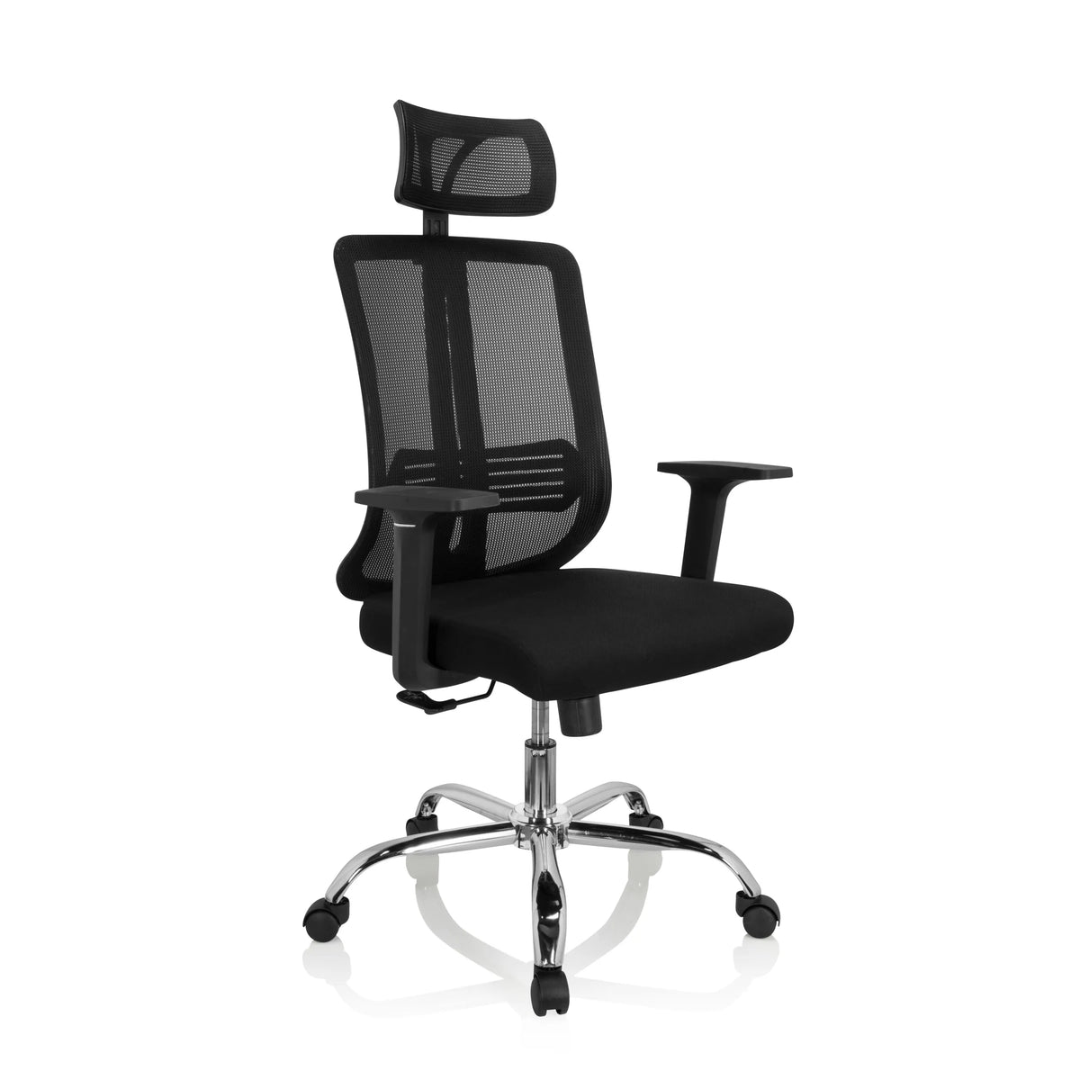 Black Home Office Chair ZH 200 with mesh back and five-caster base by hjh OFFICE – 360-degree view (front three-quarter view 40°)