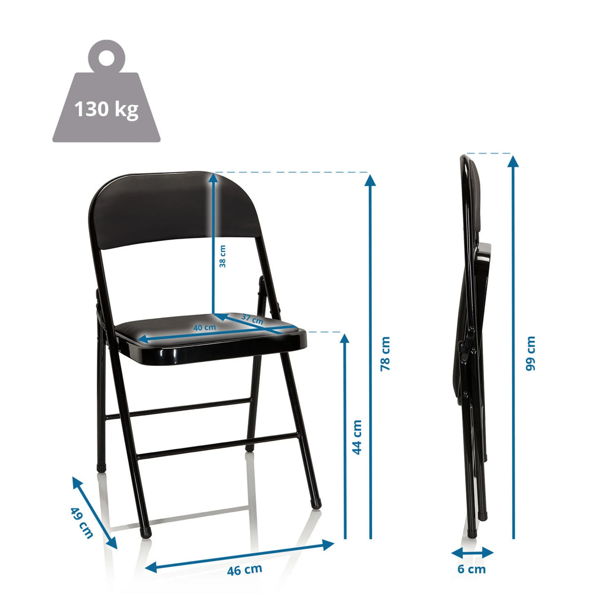 Dimensional drawing of the Folding chair TUDELA with a total height of 78 cm and a load capacity of 130 kg by hjh OFFICE