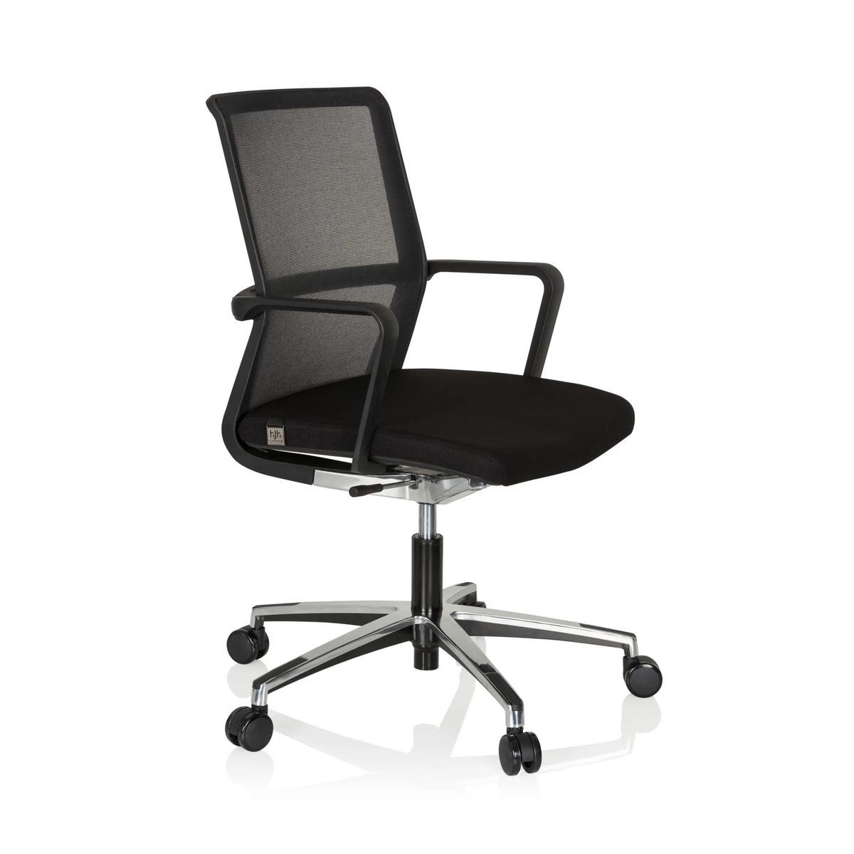 Black Professional Office Chair MOVE-TEC NET 3D with mesh back and a five-caster base by hjh OFFICE – 360-degree view (front three-quarter view 60°)