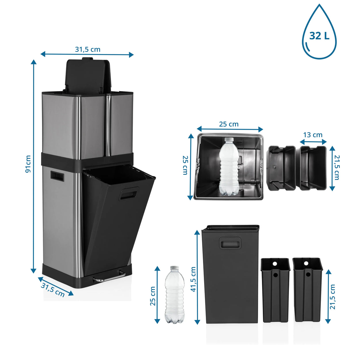 Dimensional drawing of the Wastepaper CLEAN 3 with a height of 91 cm and 32 l volume by hjh OFFICE