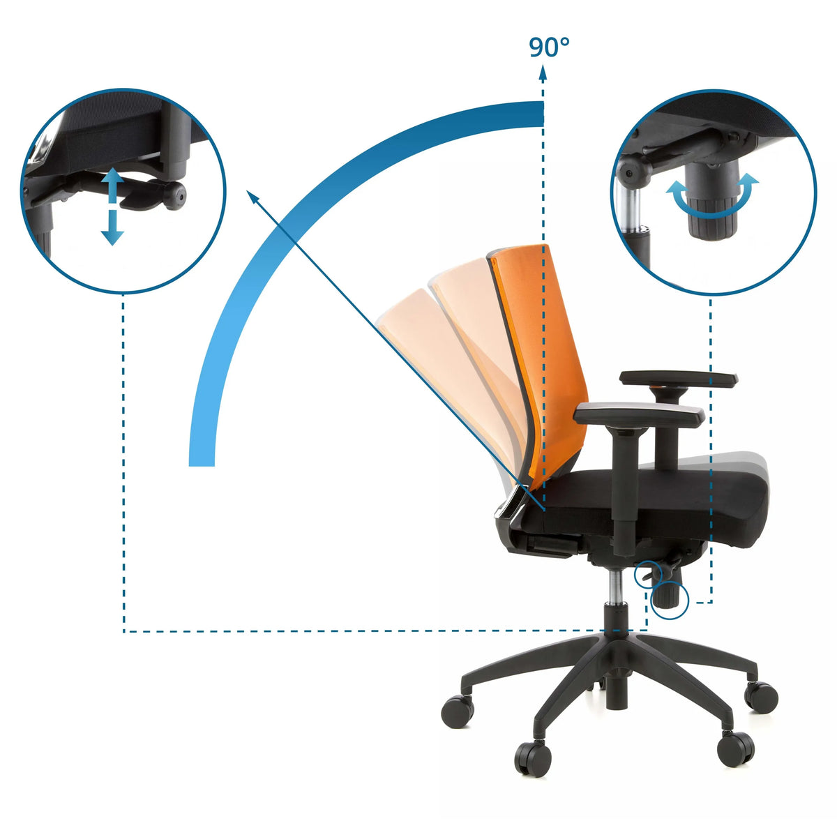 Adjustable backrest with 90-degree tilt and adjustment levers of the Professional Office Chair PORTO BASE by hjh OFFICE
