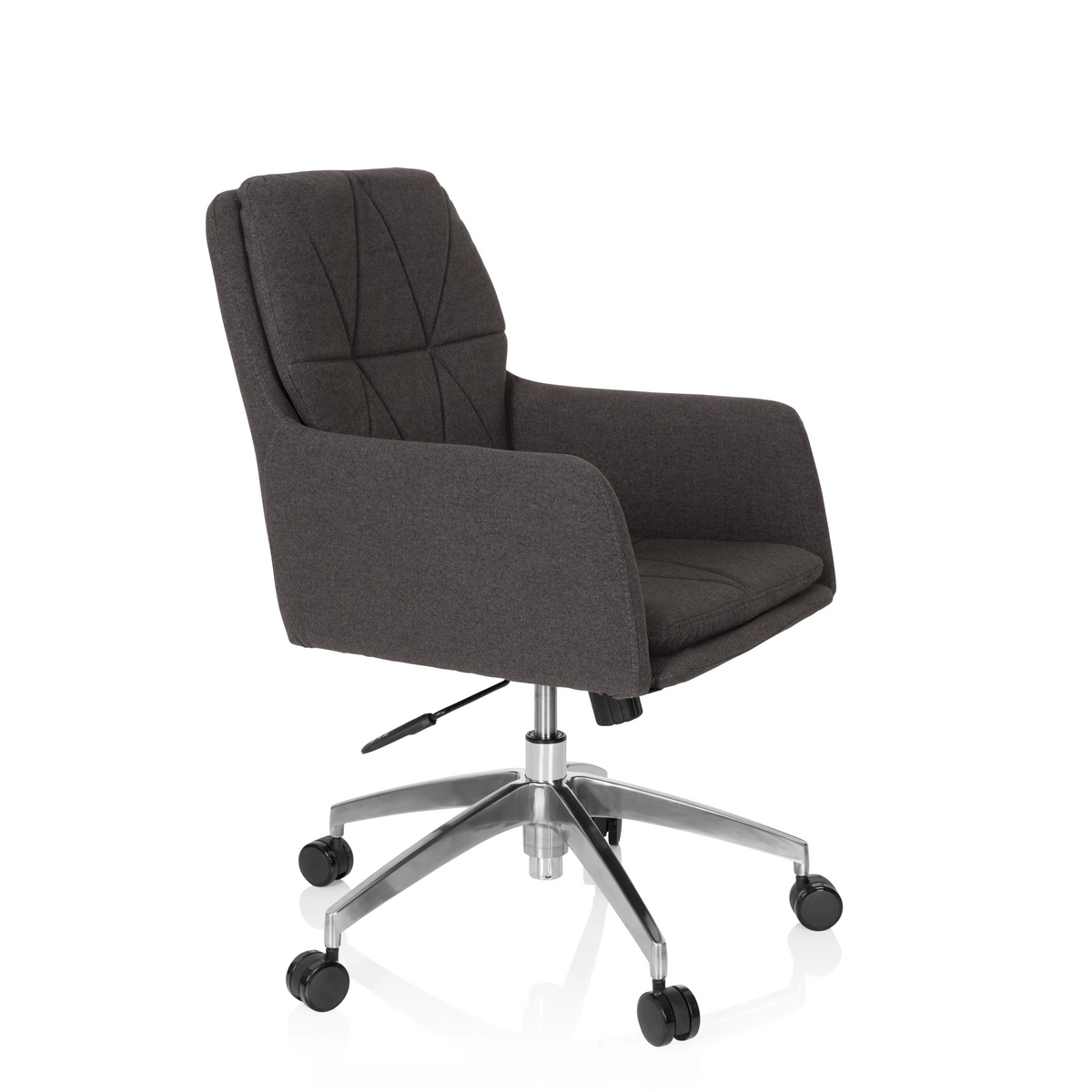 Dunkelgrauer Homeoffice-Bürostuhl SHAKE 350 mit Steppmuster und Fußkreuz mit fünf Rollen von hjh OFFICE – 360-Grad-Ansicht (schräge Frontansicht 60°)