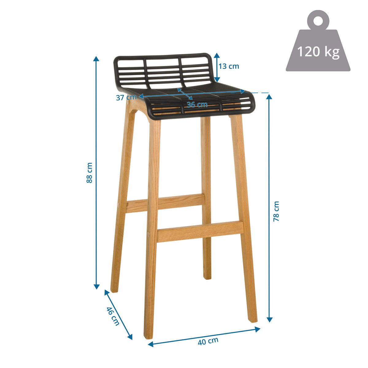 Dimensional drawing of the Bar stool LONSO W with a height of 88 cm and a load capacity of 120 kg by hjh OFFICE