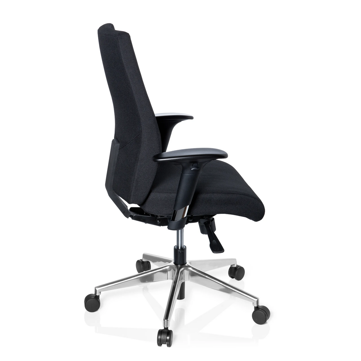 Black Professional Office Chair PRO-TEC 250 with armrests and five-caster base by hjh OFFICE – 360-degree view (side profile 100°)