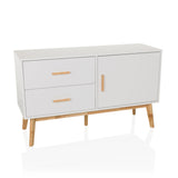 White Sideboard TAROLO with two drawers, one door and wooden legs by hjh LIVING – 360-degree view (front view 15°)