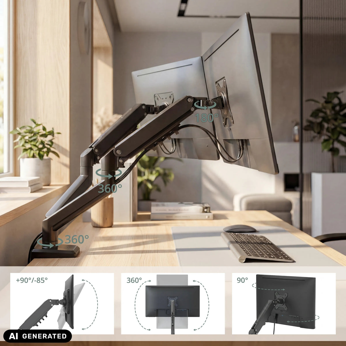 Adjustment mechanisms of the Ergomount GF2 monitor mount with swivel and tilt ranges by hjh OFFICE (AI-generated image)