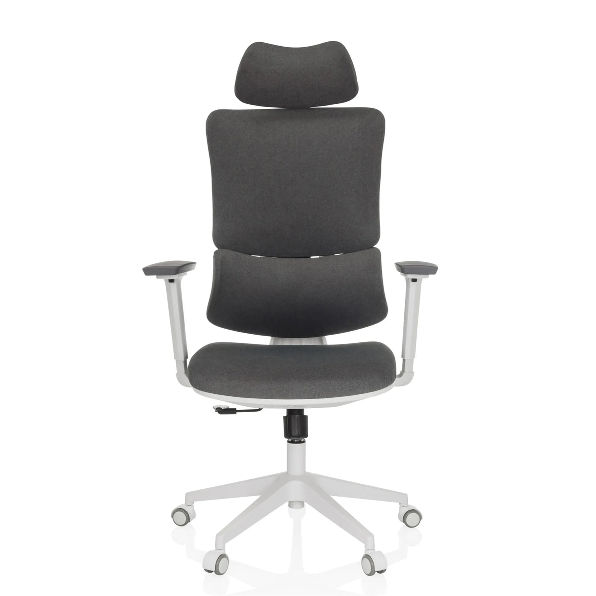 Grey Home Office Chair ERGOMY WF with fabric upholstery, white frame and five-caster base by MyBuero – 360-degree view (front view 0°)