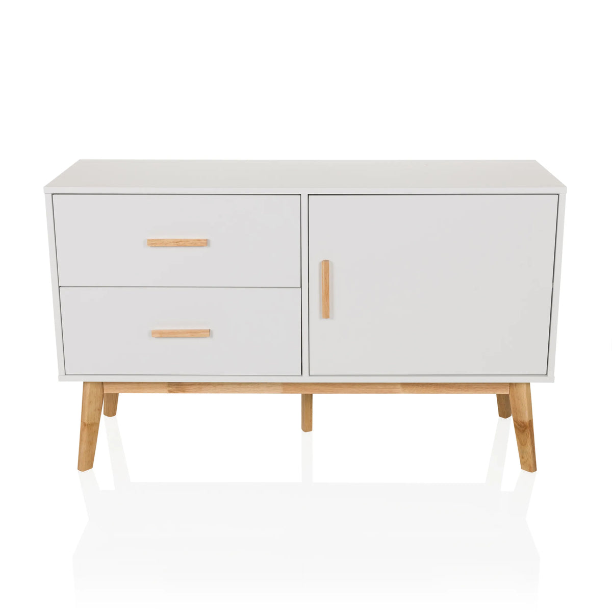 White Sideboard TAROLO with two drawers, one door and wooden legs by hjh LIVING – 360-degree view (front view 0°)
