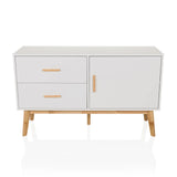 White Sideboard TAROLO with two drawers, one door and wooden legs by hjh LIVING – 360-degree view (front view 0°)