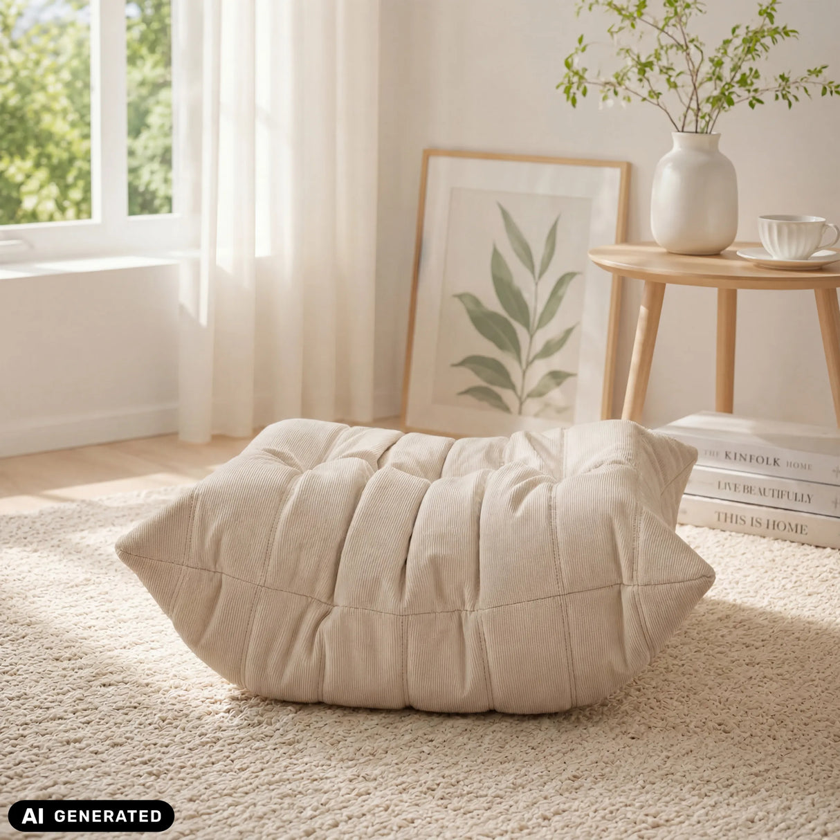 Beige Sitzolo Podi beanbag with quilted structure on a light-coloured rug by hjh LIVING (AI-generated image)