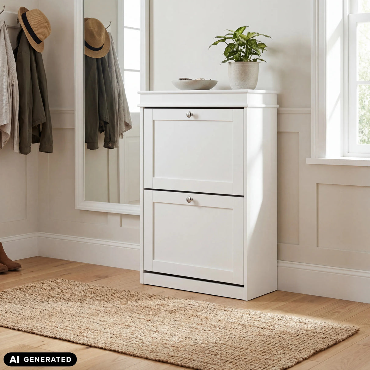 White Estha 20 shoe cabinet with two drop-down doors and knob handles by hjh LIVING (AI-generated image)