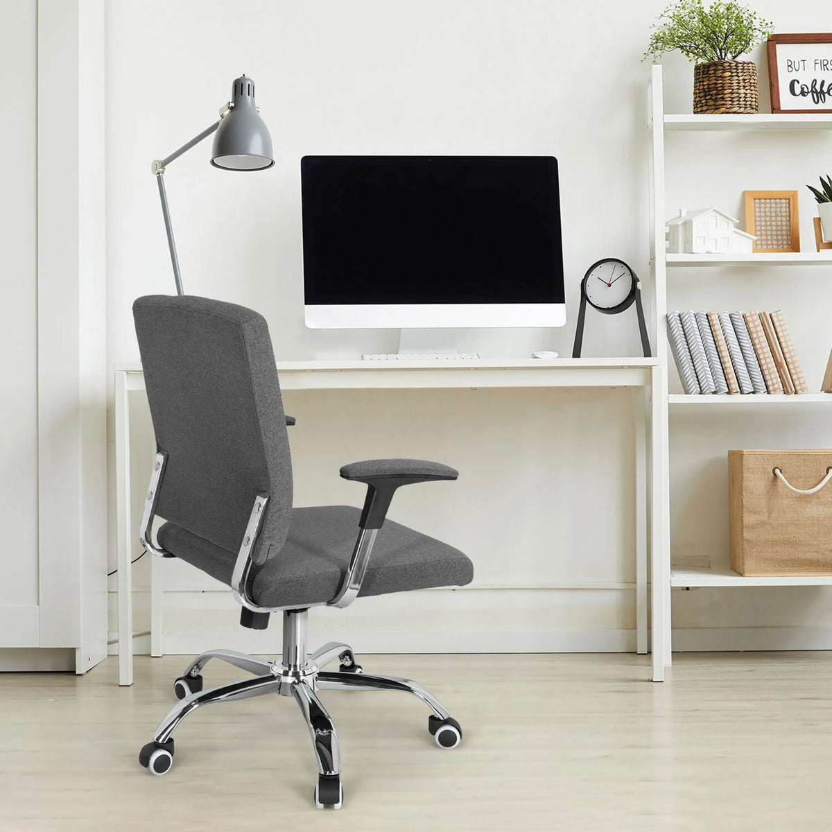 Home Office Executive Chair CHARLES I in dark grey with chrome base and armrests in front of a desk by hjh OFFICE