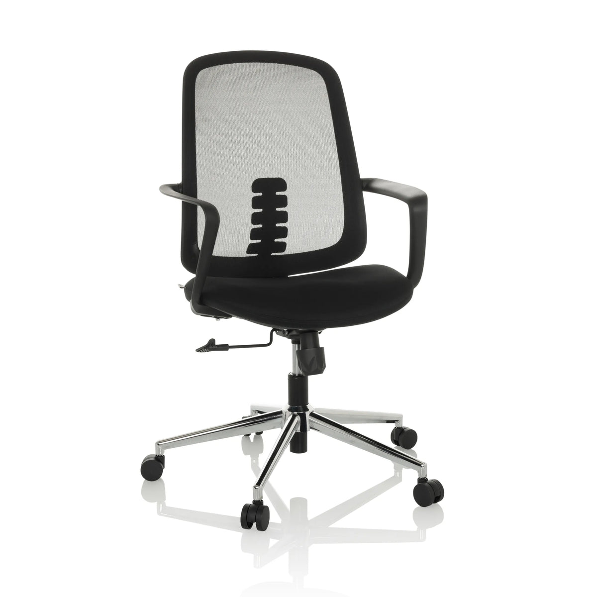 Schwarzer Homeoffice-Bürostuhl SEDIOLO B mit Netzrücken und Fußkreuz mit fünf Rollen von hjh OFFICE – 360-Grad-Ansicht (schräge Frontansicht 30°)