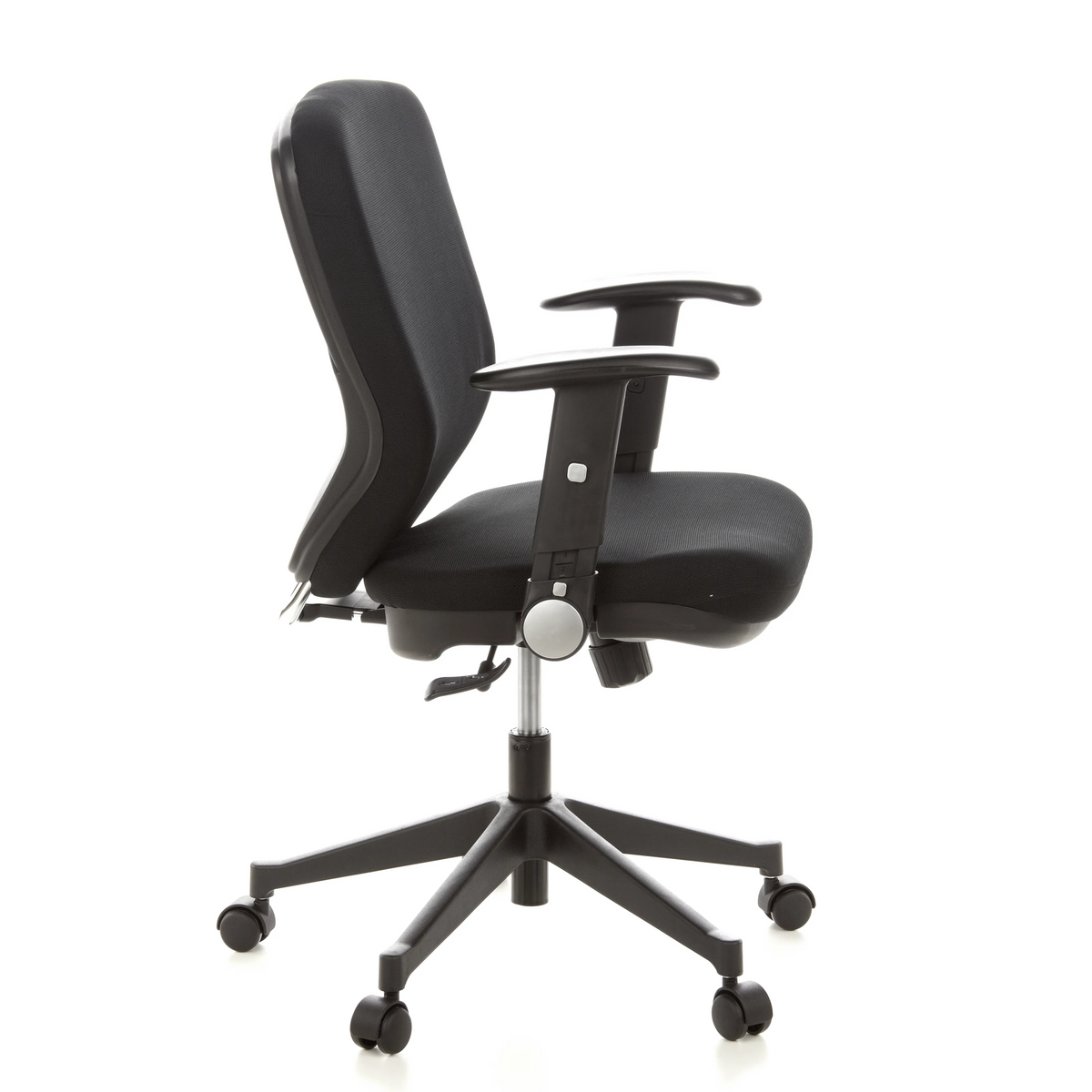 Black Professional Office Chair TRAFFIC 20 with armrests and five-caster base by hjh OFFICE – 360-degree view (side profile 80°)