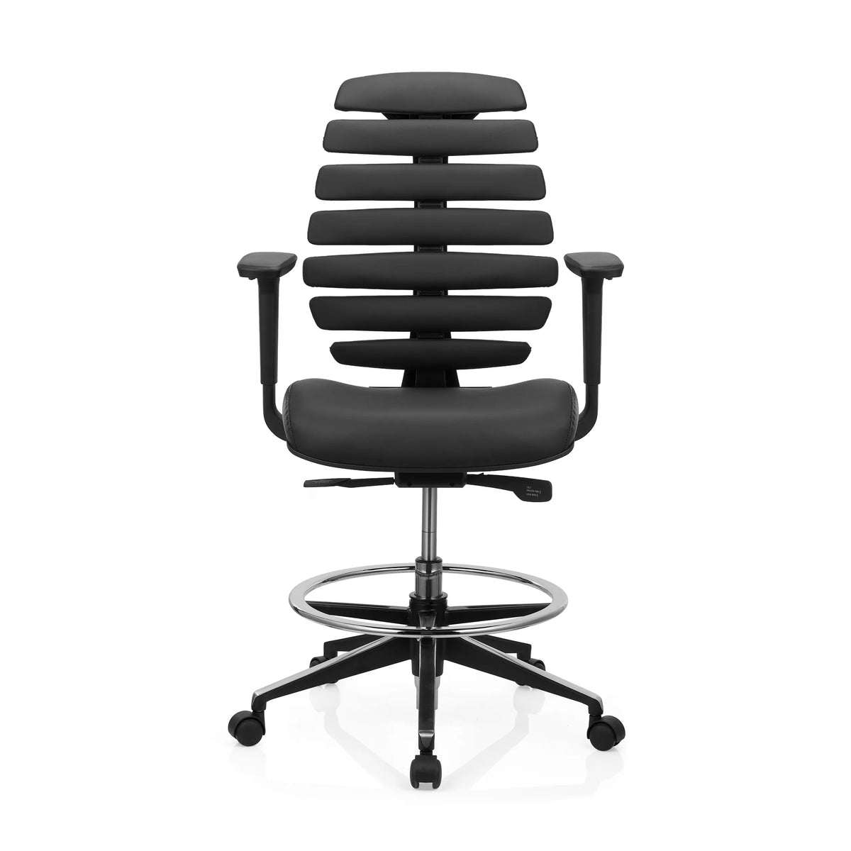 Schwarzer Counterstuhl ERGO LINE II WORK aus Leder mit Fußring und Fußkreuz mit fünf Rollen von hjh OFFICE – 360-Grad-Ansicht (Frontansicht 0°)