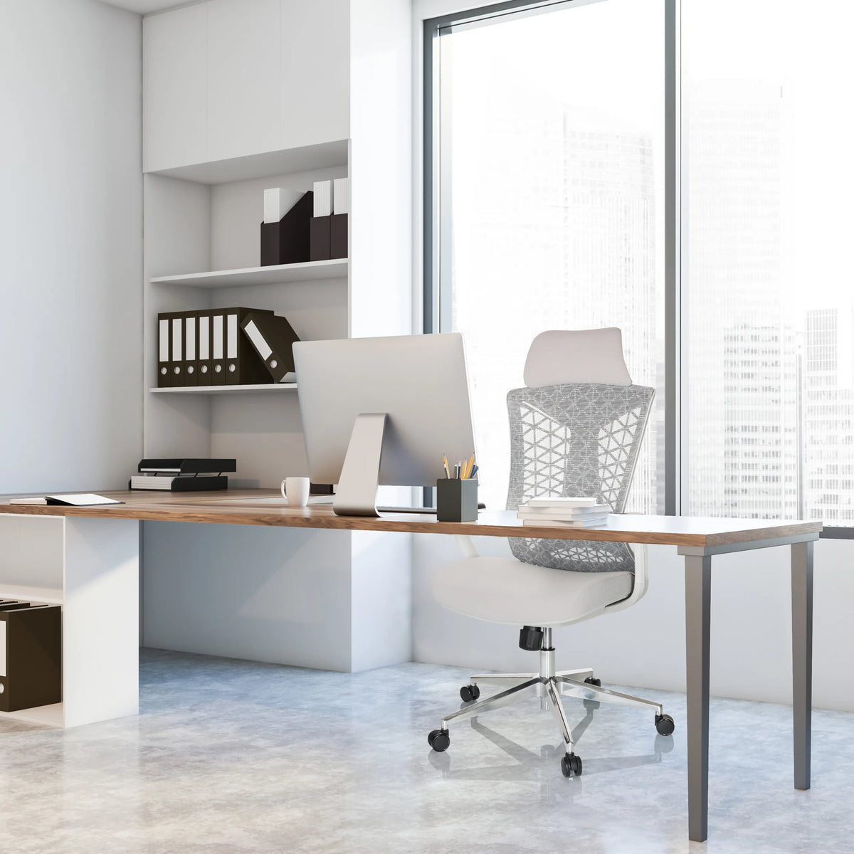 Grey Professional Office Chair FALEO W with mesh backrest at a desk by hjh OFFICE