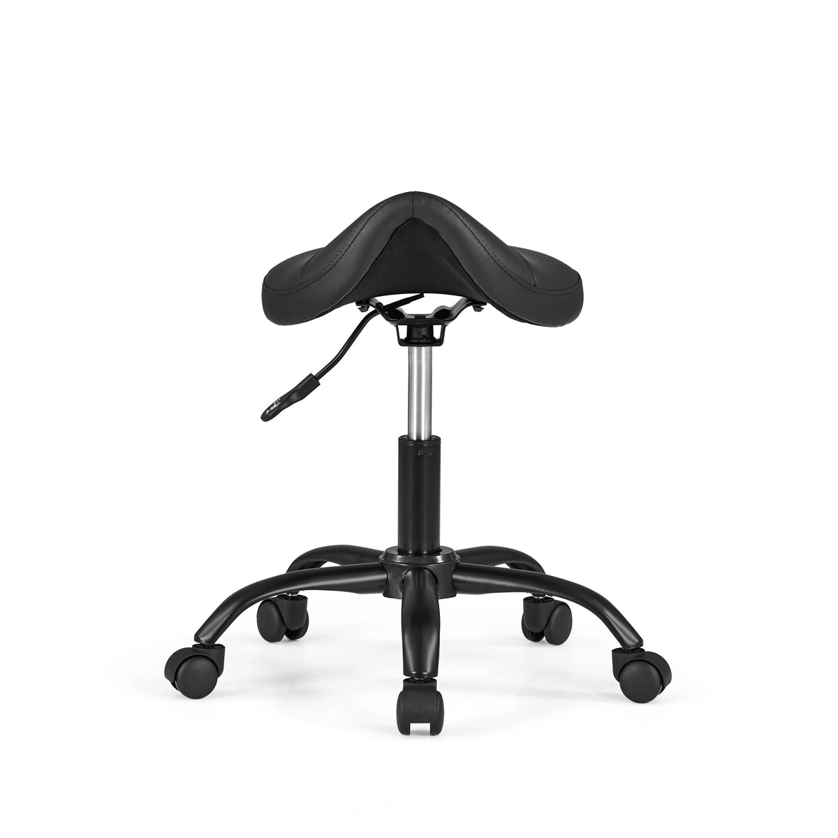 Black saddle stool Sattix with gas spring and five-caster base by hjh OFFICE – 360-degree view (front view 0°)