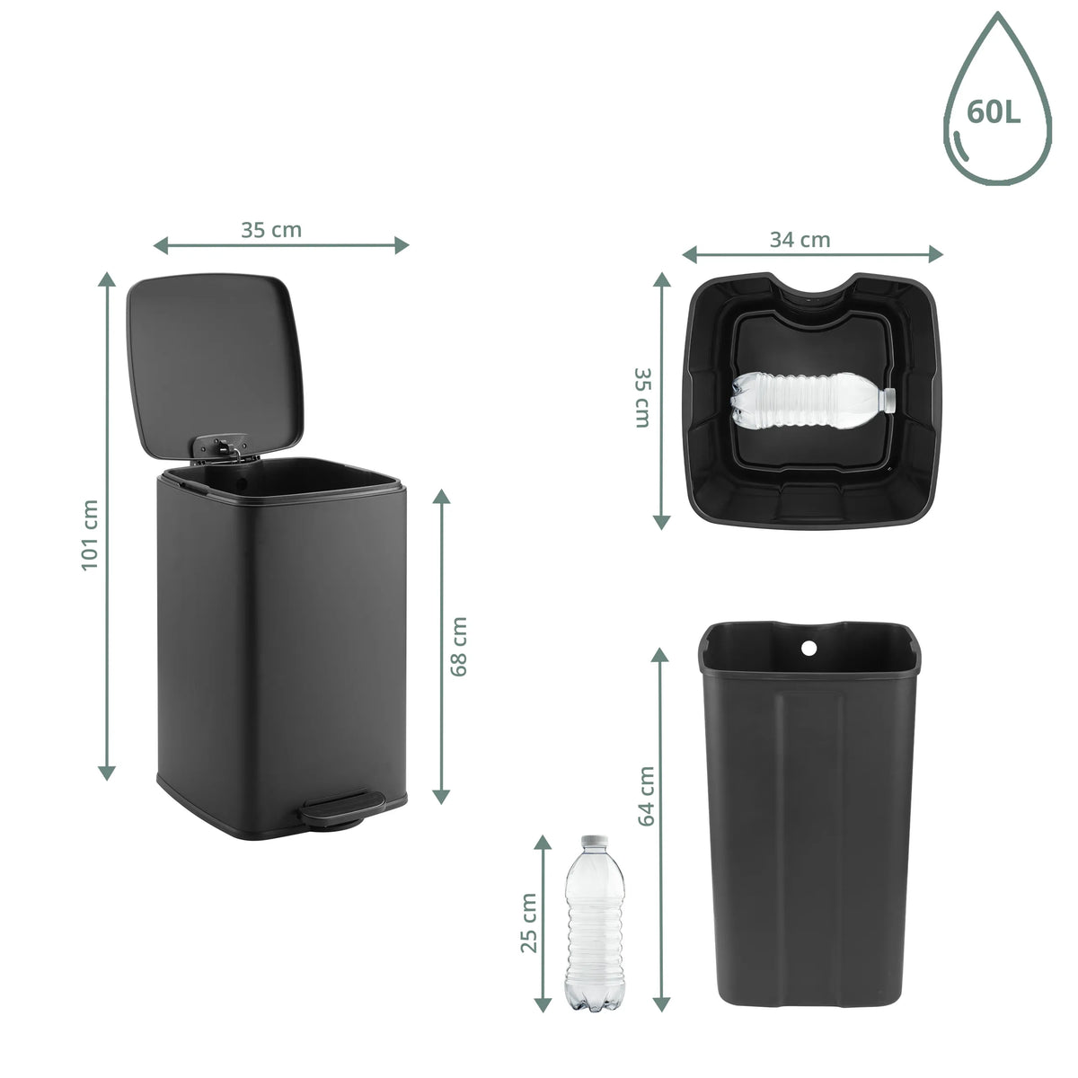 Dimensional drawing of the Wastepaper Clean Step 4 with a 60 l capacity and a height of 101 cm by hjh OFFICE