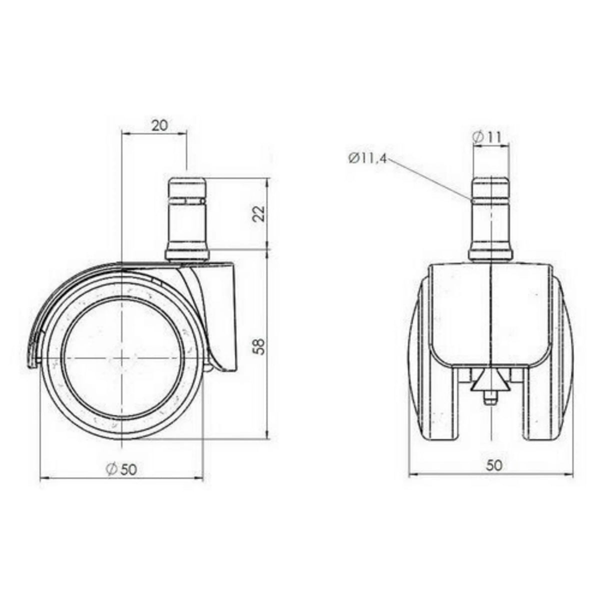 Technical drawing of the 5x ROLO LUX 11mm/50mm castors with a wheel diameter of 50 mm by hjh OFFICE