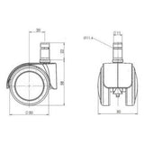 Technical drawing of the 5x ROLO LUX 11mm/50mm castors with a wheel diameter of 50 mm by hjh OFFICE