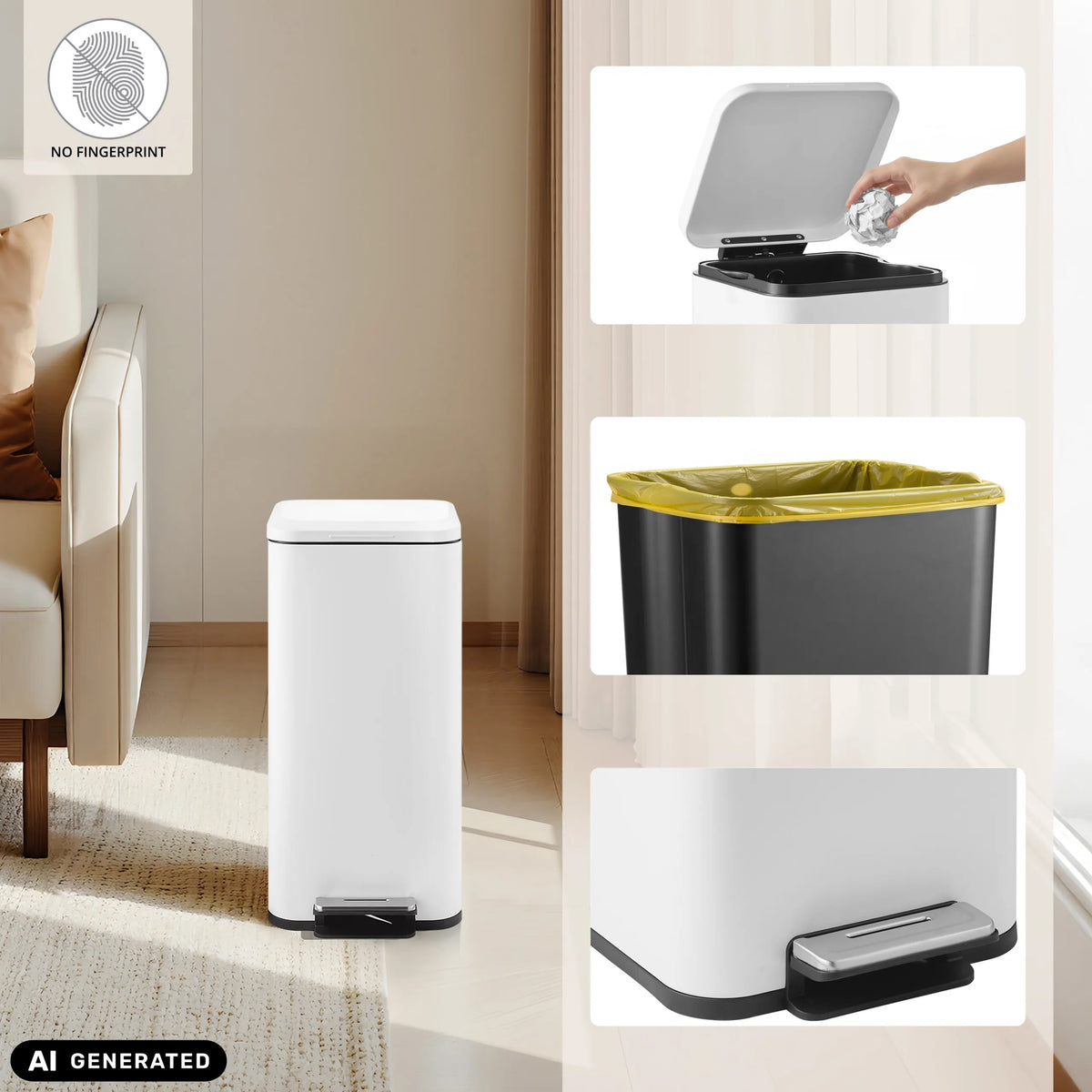 White Clean Square wastepaper bin with foot pedal and inner bucket by hjh OFFICE (AI-generated image)