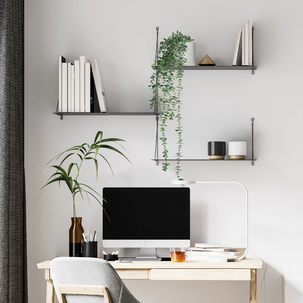 Green Artificial plant EUCALYPTUS CLIMB in a brown vase on a desk by hjh OFFICE