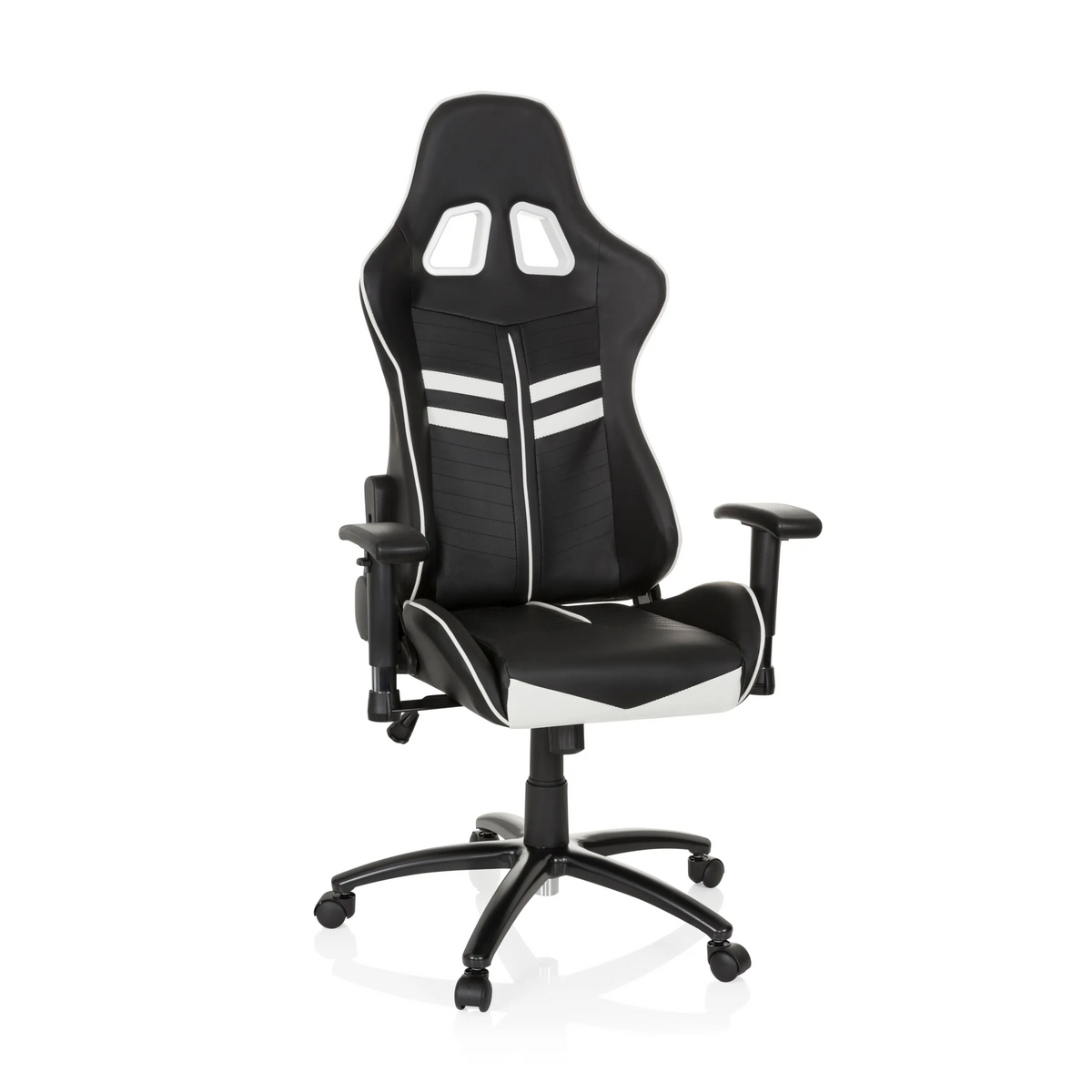 Black and white Gaming chair LEAGUE PRO with headrest and five-caster base by hjh OFFICE – 360-degree view (front view 20°)