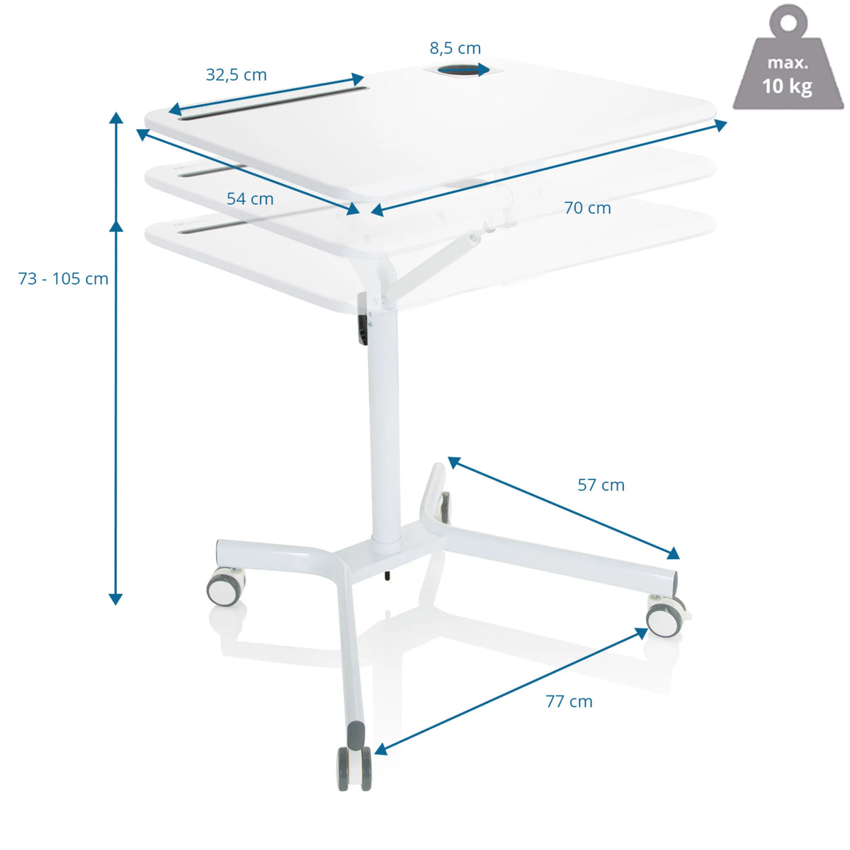 Dimensional drawing of the Standing desk STAND VM-SU I with a height of 73-105 cm by hjh OFFICE