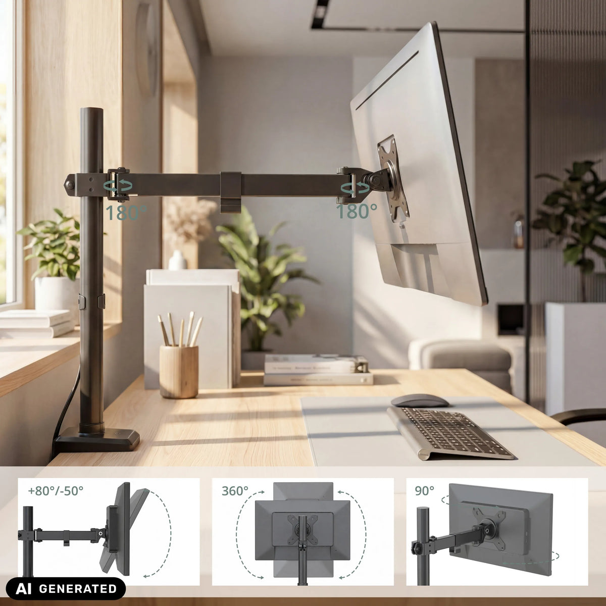 Adjustment options of the Ergomount M1 monitor mount in black by hjh OFFICE (AI-generated image)