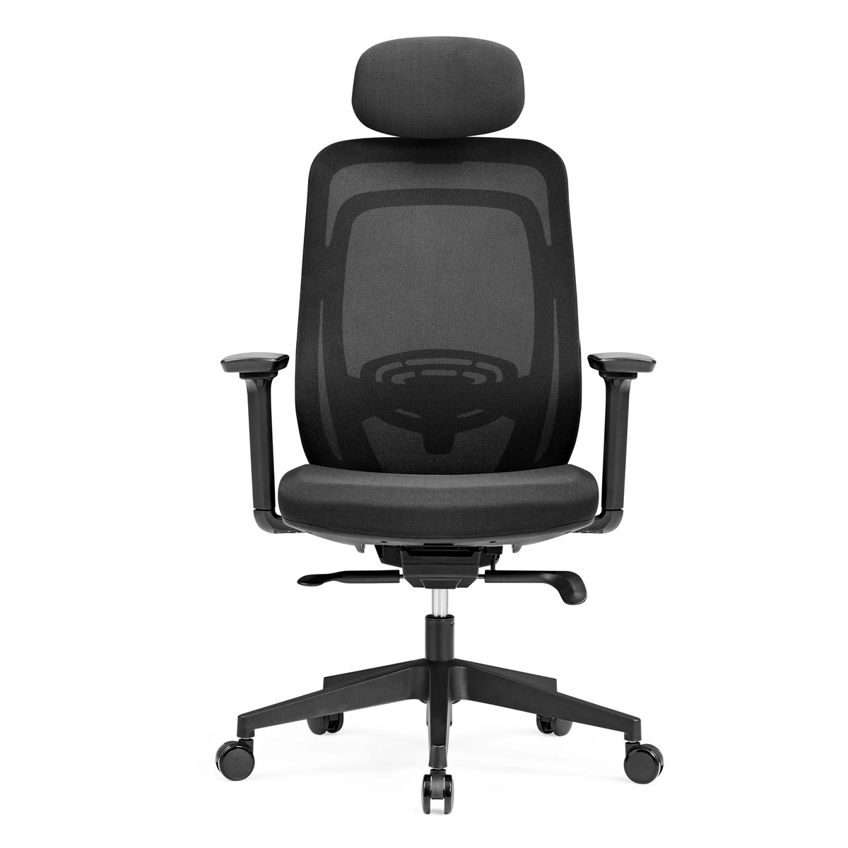 Black Professional Office Chair Vivadapt with mesh back, headrest and five-caster base by hjh OFFICE – 360-degree view (front view 0°)