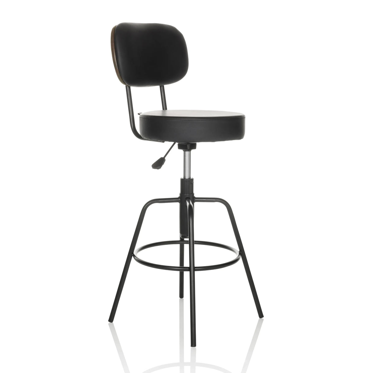 Black Bar stool DISC HIGH with backrest and round footrest by hjh OFFICE – 360-degree view (front three-quarter view 45°)