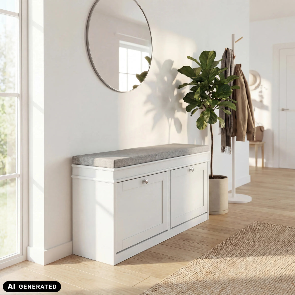 White Estha 11 shoe cabinet with grey seat and two doors by hjh LIVING (AI-generated image)