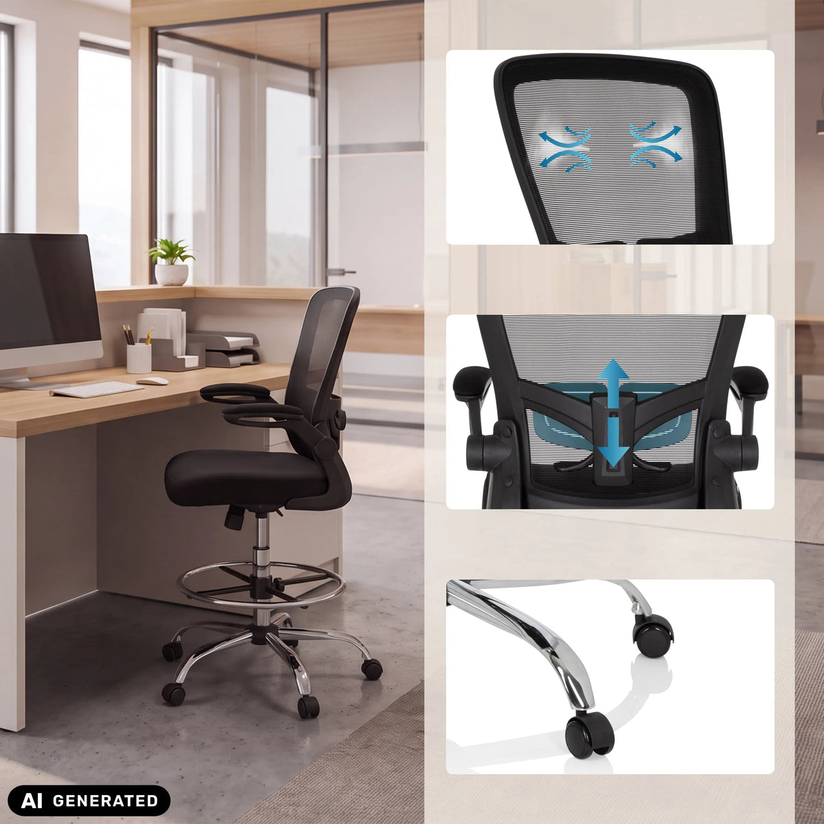 Counter chair VENDO WORK in black with detailed views of the backrest and castors by hjh OFFICE (AI-generated image)
