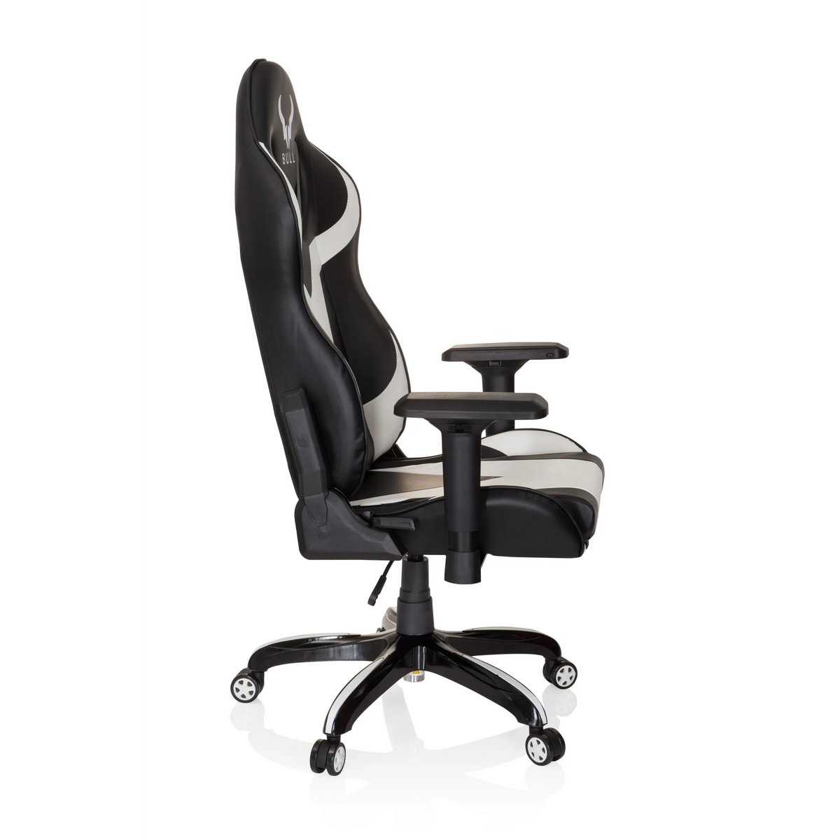 Black and white Gaming chair PROMOTER I with armrests and a five-caster base by hjh OFFICE – 360-degree view (side profile 80°)