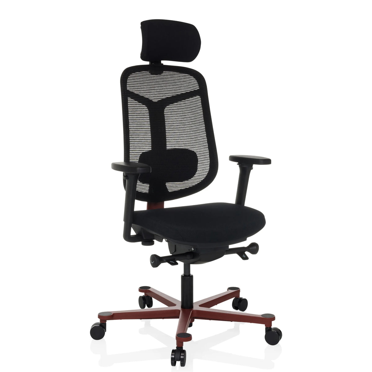Black high end office chair BICOLORE HIGH with mesh back, headrest and red five-caster base by hjh OFFICE – 360-degree view (front three-quarter view 30°)