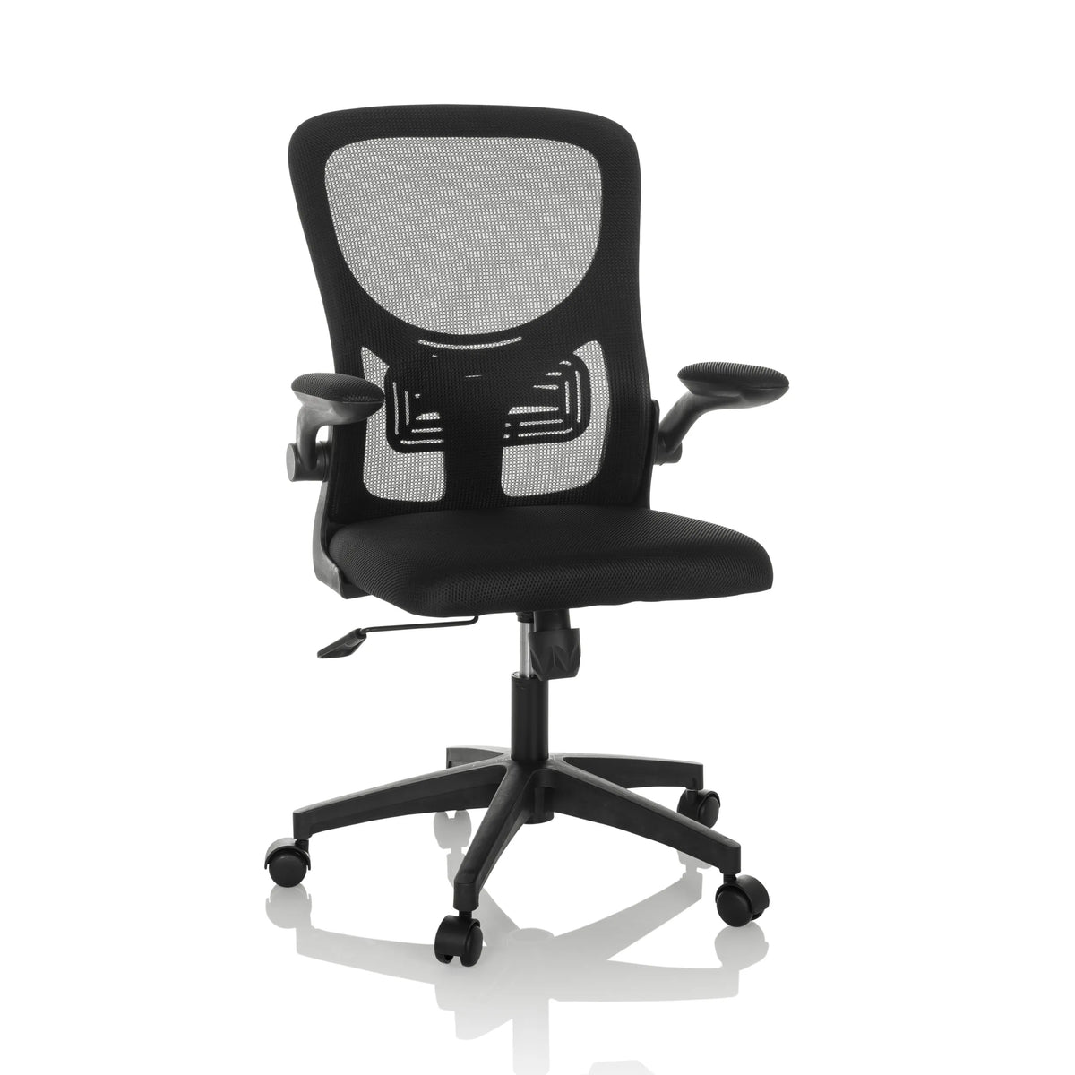Black Home Office Chair BELIO with mesh back and five-caster base by hjh OFFICE – 360-degree view (front view 15°)