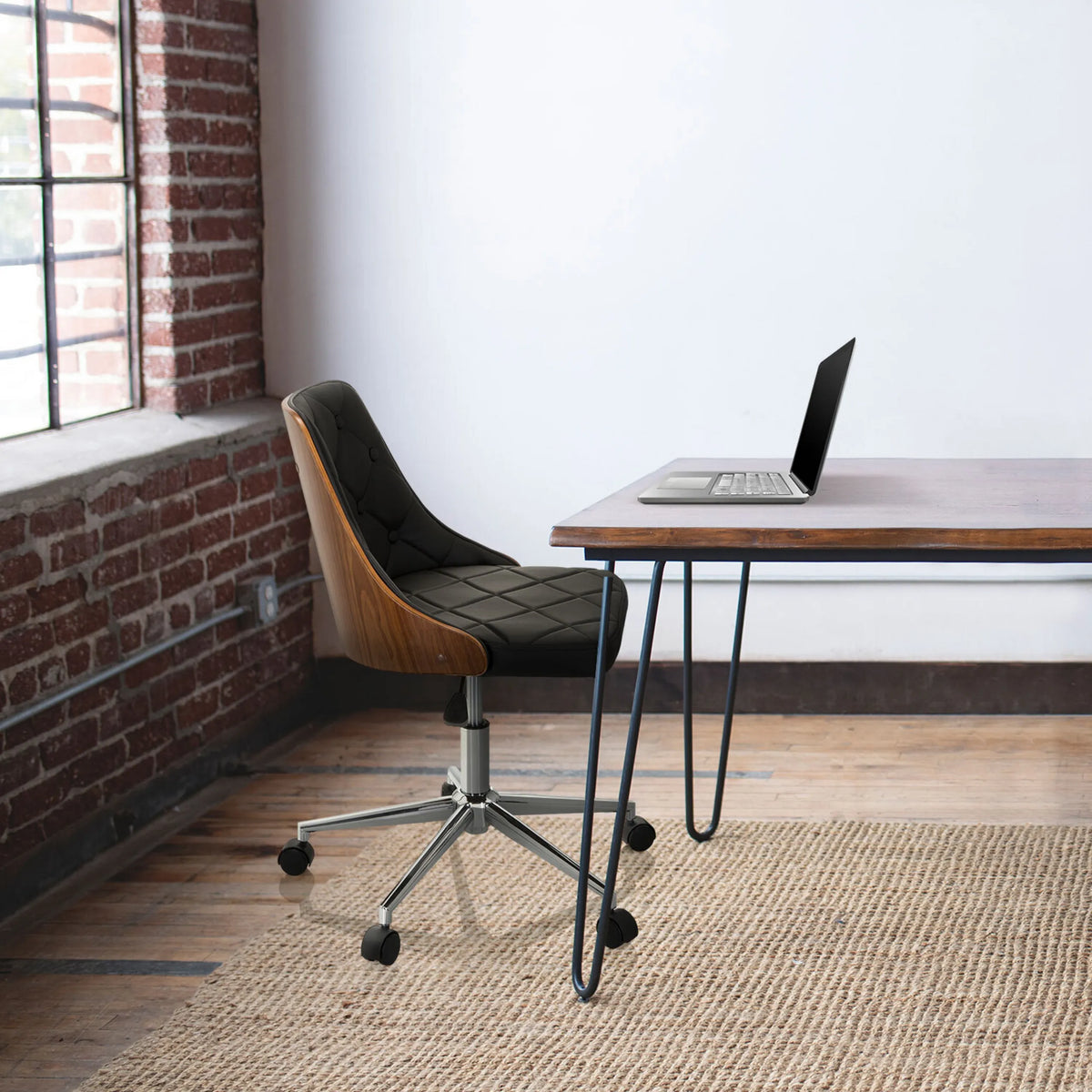 Home Office Chair CENCA in black with wooden shell and star base on castors by hjh OFFICE